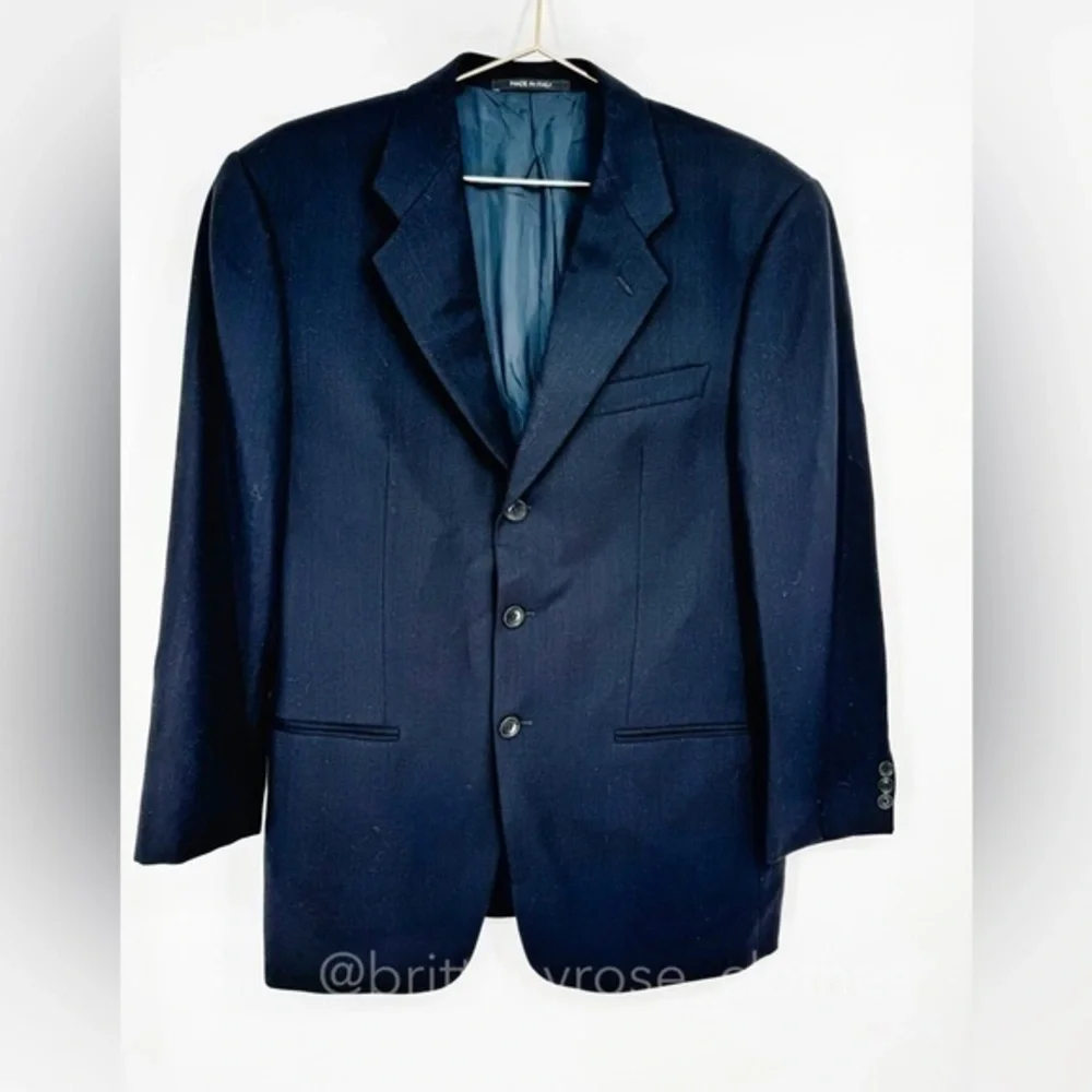 ARMANI COLLEZIONI Vintage Navy Blue Wool Three-Button Classic Blazer Jacket